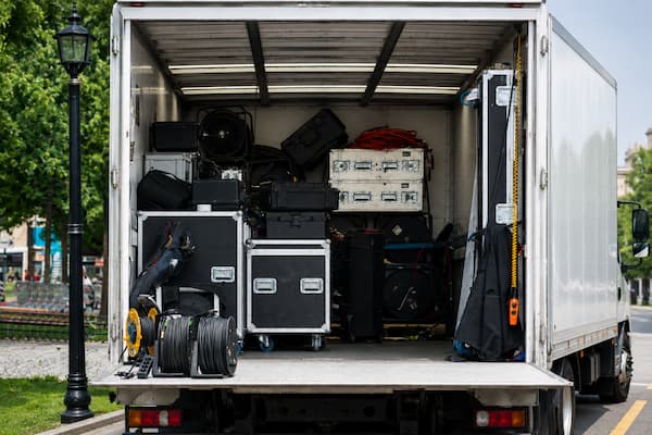 Unidad de Amalia Transportes trasladando escenografía y equipos para un evento en Lima